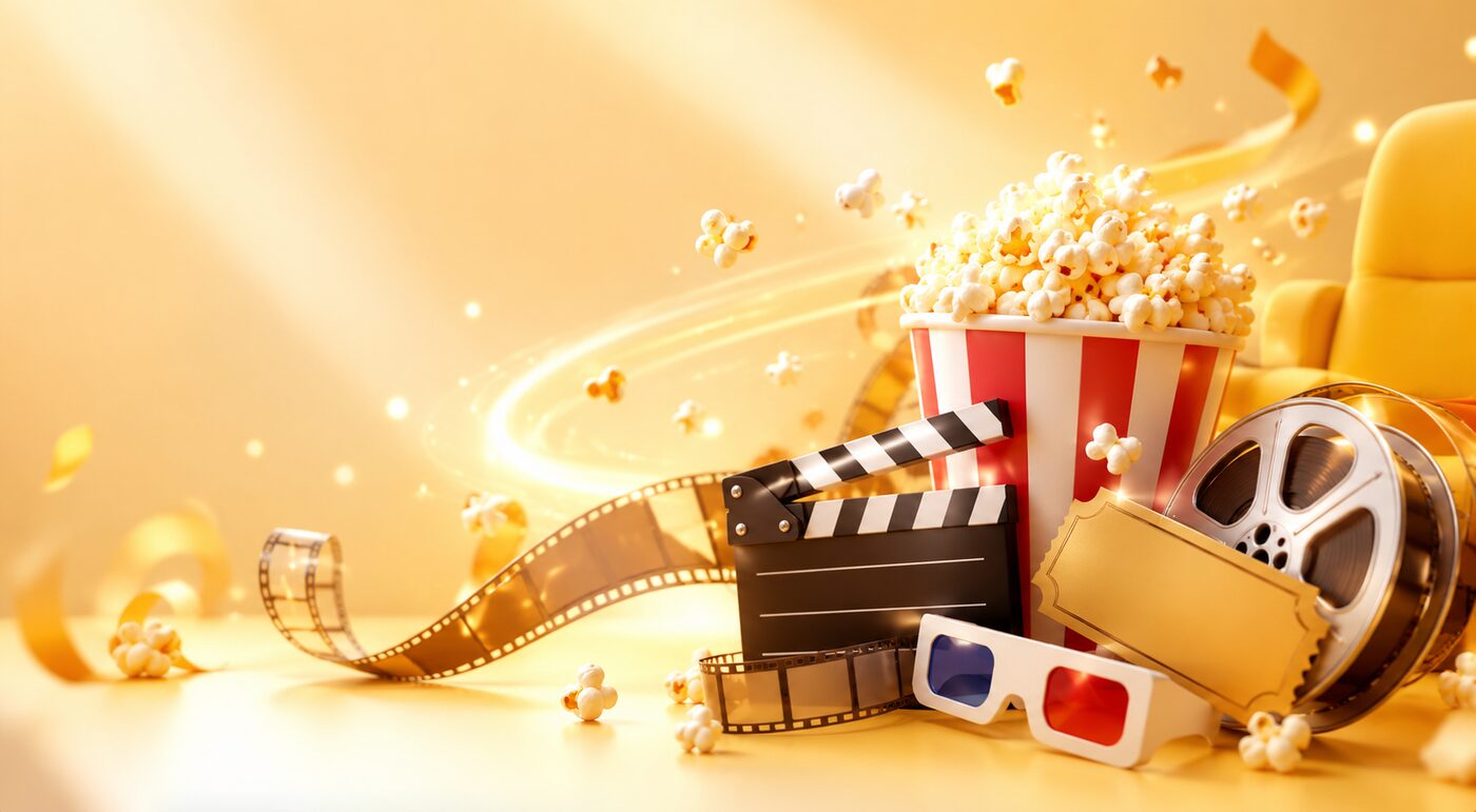 Pipoca, claquete e rolo de filme